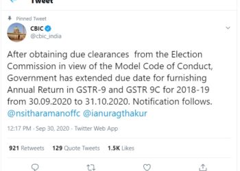 GSTR 9/ 9C (annual return and audit report) for FY 2018-19 due date extended to 31.10.2020 – CBIC