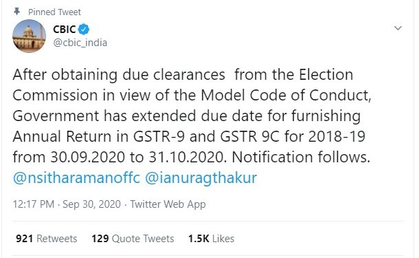 GSTR 9/ 9C (annual return and audit report) for FY 2018-19 due date extended to 31.10.2020 – CBIC
