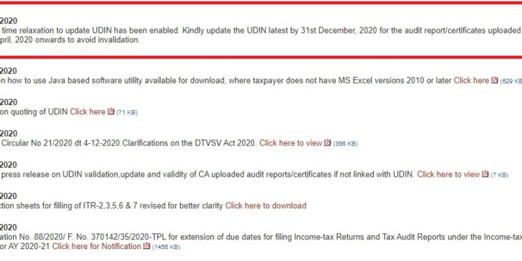 One time relaxation by CBDT to validate all previous UDIN on e filing website till 31.12.2020