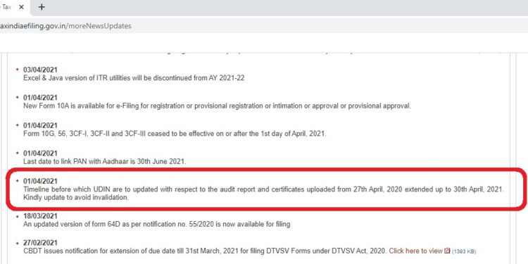 Due date extended for updating UDIN of Audit report and related certificates till 30.04.2021