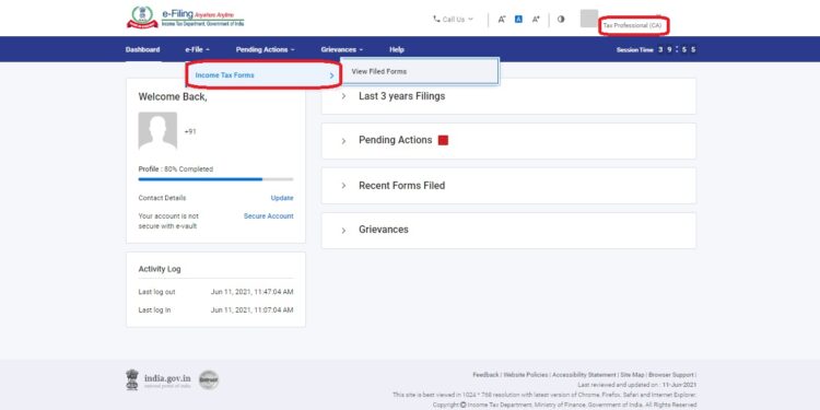 CA Professionals not getting an option to file any form on the new e-filing website | E-filing 2.0