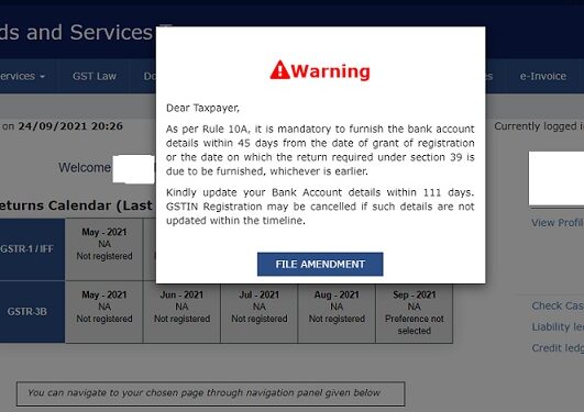 Adding/ Submitting bank details mandatory on GST website or else GST registration will get cancelled
